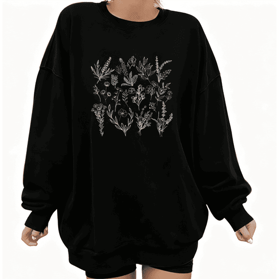Women's Hand-drawn Floral Printed Cotton Sweatshirt Round-neck Long-sleeved Black S-3XL