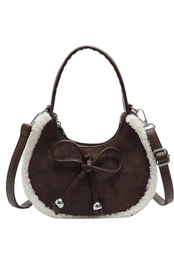 Women's HandBag, Soft Suede with Bow, Mini Crescent Shoulder Purse for Daily Use(Brown)DSF