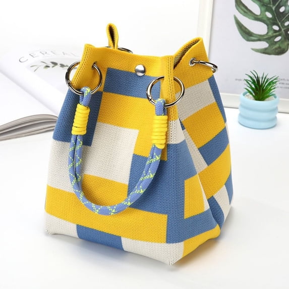 Women's Handbag Checkered Knit Handbag with Braided Handle Multi-Color Pattern Small Knitted Bucket Bag Womens Purses