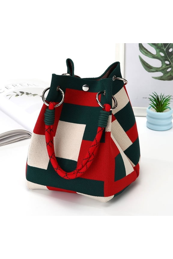 Women's Handbag Checkered Knit Handbag with Braided Handle Multi-Color Pattern Small Knitted Bucket Bag Womens Purses
