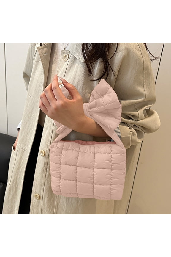 Women's Handbag, Pleated Bow Shoulder Bag, Large Capacity Crossbody Bag Solid Color Polyester Lightweight Versatile, Pink