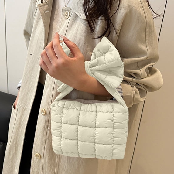 Women's Handbag, Pleated Bow Shoulder Bag, Large Capacity Crossbody Bag Solid Color Polyester Lightweight Versatile, White