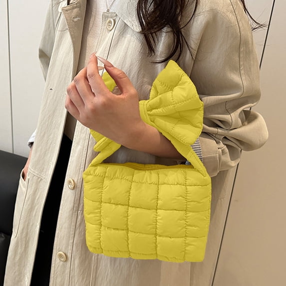 Women's Handbag, Pleated Bow Shoulder Bag, Large Capacity Crossbody Bag Solid Color Polyester Lightweight Versatile, Yellow