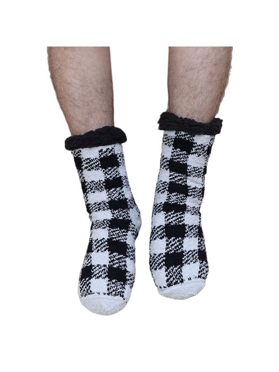 Men's Slipper Socks with Grips Non Slip Soft Fuzzy Cozy Fleece Lined Plaid Pattern Socks for Cold Winter