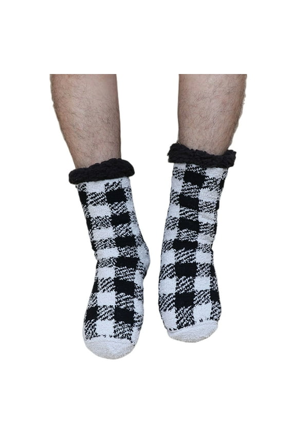 Men's Slipper Socks with Grips Non Slip Soft Fuzzy Cozy Fleece Lined Plaid Pattern Socks for Cold Winter