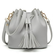 Womens Handbags Shoulder Bags Leather Drawstring Long Strap Shoulder Purses Bags Gray