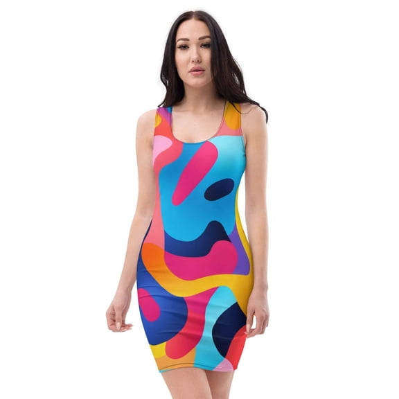 Women's Handmade All-Over Printed Bodycon Dress – Colorful, Waves Modern Art Design, Street Partywear, Sizes XS-XL