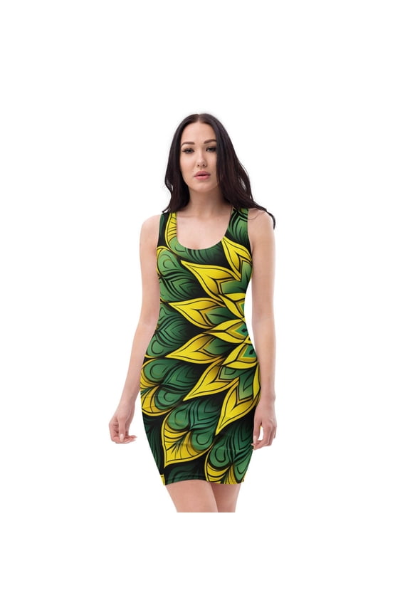 Women's Handmade All-Over Printed Bodycon Dress – Green Yellow Modern Art Design, Street Partywear, Sizes XS-XL