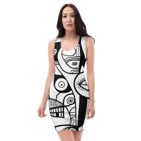 Women's Handmade All-Over Printed Bodycon Dress – Sleeveless, Black White Modern Art Design, Street Partywear, Sizes XS-XL