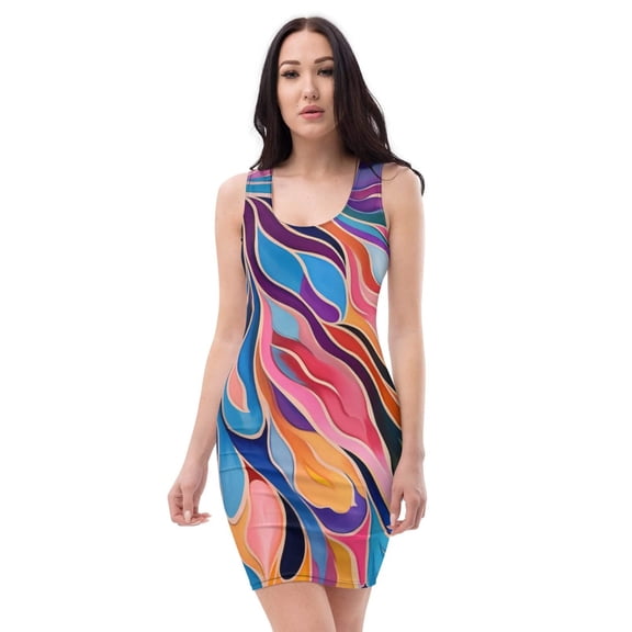 Women's Handmade All-Over Printed Bodycon Dress – Sleeveless, Multicolor Modern Art Design, Street Partywear, Sizes XS-XL