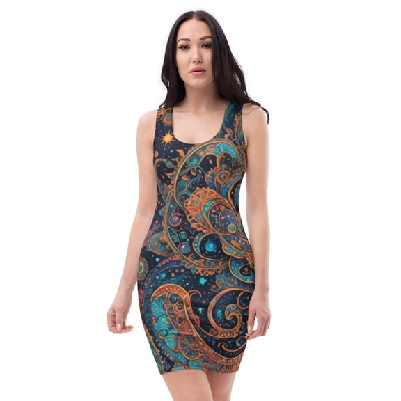 Women's Handmade All-Over Printed Bodycon Dress – Sleeveless, Multicolor Modern Art Design, Street Partywear, Sizes XS-XL