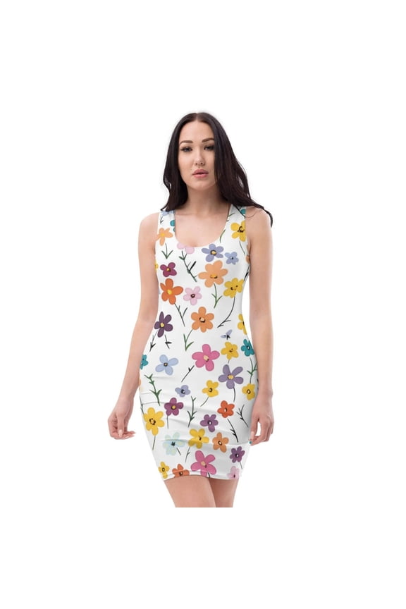 Women's Handmade All-Over Printed Bodycon Dress – Sleeveless, White floral Design, Street Partywear, Sizes XS-XL