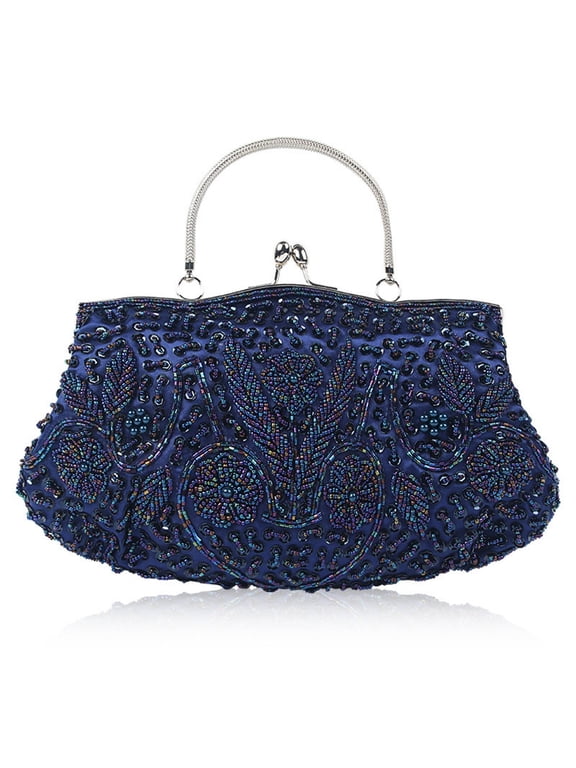 Women's Handmade Beaded Evening Clutch - Elegant Floral Embroidered Purse with Metal Handle, Vintage Style Party Bag for Wedding & Formal Events - Blue