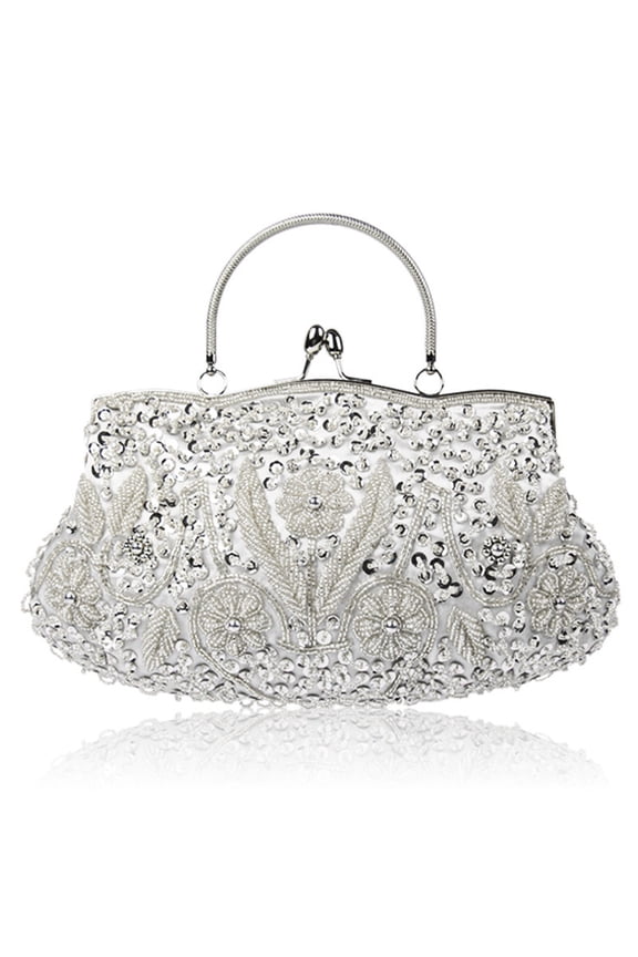 Women's Handmade Beaded Evening Clutch - Elegant Floral Embroidered Purse with Metal Handle, Vintage Style Party Bag for Wedding & Formal Events - Silver