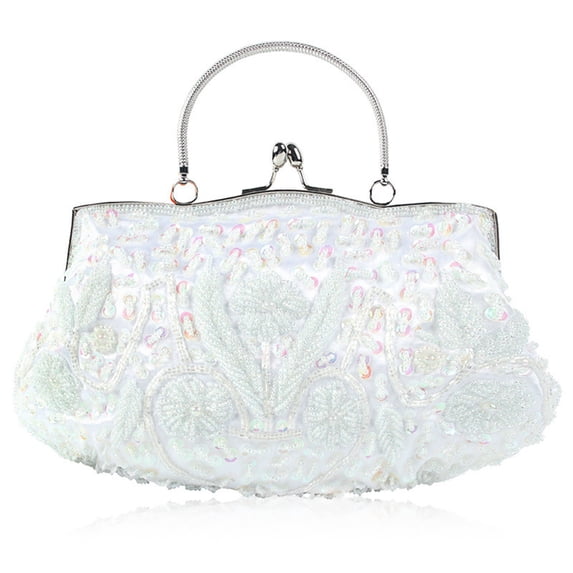 Women's Handmade Beaded Evening Clutch - Elegant Floral Embroidered Purse with Metal Handle, Vintage Style Party Bag for Wedding & Formal Events - White
