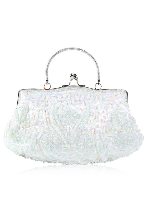 Women's Handmade Beaded Evening Clutch - Elegant Floral Embroidered Purse with Metal Handle, Vintage Style Party Bag for Wedding & Formal Events - White