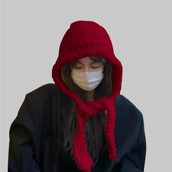 Women's Handmade Chunky Knit Hat, Winter Thickened Ear Flap Cap, Balaclava Style Warm Hat, Ear Protection Knit Cap, Chunky Yarn Winter Beanie, Cold Weather Hat - Red