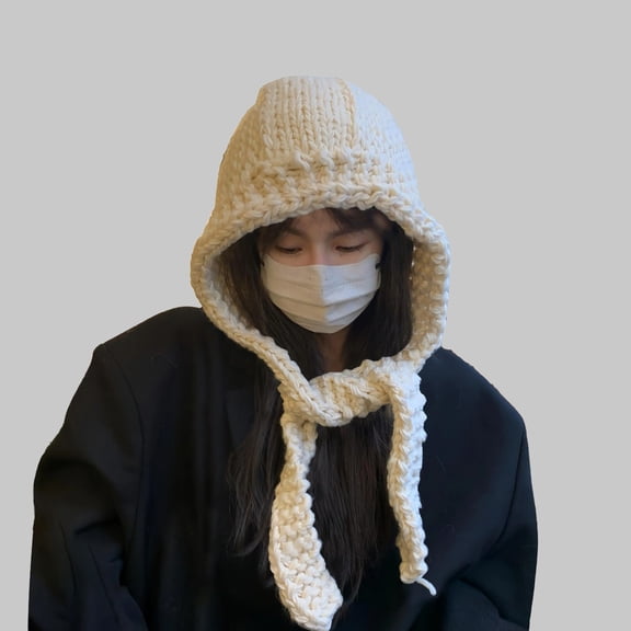 Women's Handmade Chunky Knit Hat, Winter Thickened Ear Flap Cap, Balaclava Style Warm Hat, Ear Protection Knit Cap, Chunky Yarn Winter Beanie, Cold Weather Hat - White