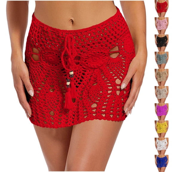 Women's Handmade Crochet Beach Skirt Cover-Up Summer Boho Swimwear Bikini Cover Mini Skirt Red M