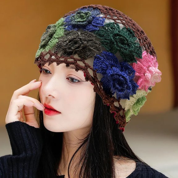Women's Handmade Crochet Beanie Hat Floral Knit Hat Comfortable Loose Warm Beanie Hat Vintage Beanie Hat Cotton Hollow Out Beanie Hat Good Stretchy Hat Breathable Adjustable Elastic Hat