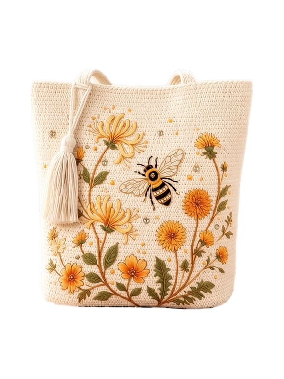 Women's Handmade Crochet Bee Embroidered Tote BagBoho Floral Bee Printed Storage Shoulder Purse Handbag Gifts