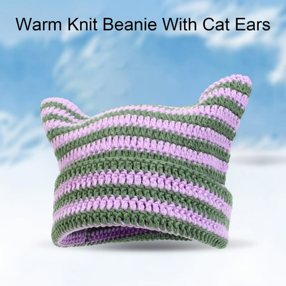 Women's Handmade Crochet Cat Ear Beanie - Knit Winter Hat with Vintage Goth Vibe, Cozy Cold-Weather Headwear, Distinct Cat Ear Design,Purple,One Size,Dailypoc