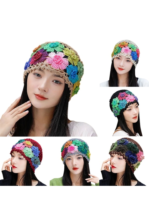 Women's Handmade Crochet Knit Hat, Embroidered Floral Hollow Out Beanie, Soft Cotton Breathable Hat for Bad Hair Days, Hair Loss, Spring Summer Fall Seasons, and Casual Outfit-A
