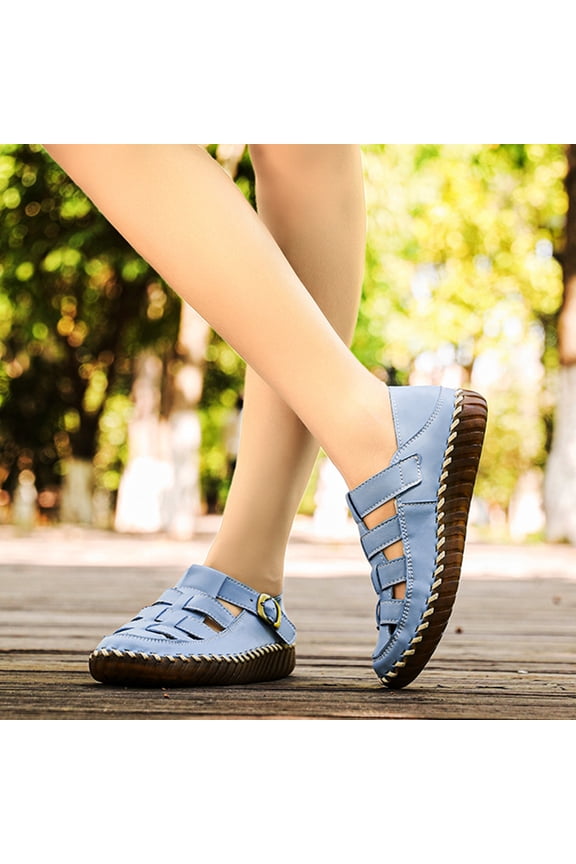 Women's Handmade Leather Closed Round Toe Gladiator Sandals with Hook Loop Lightweight Flats Summer Cutouts Walking Sandals for Work Office Party(Blue, 40)