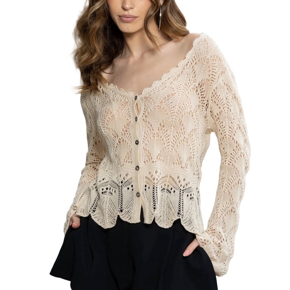 Women's Handmade Peruvian Pima Cotton Lace Cardigan Beach Cover Up, Lightweight Knit - Large