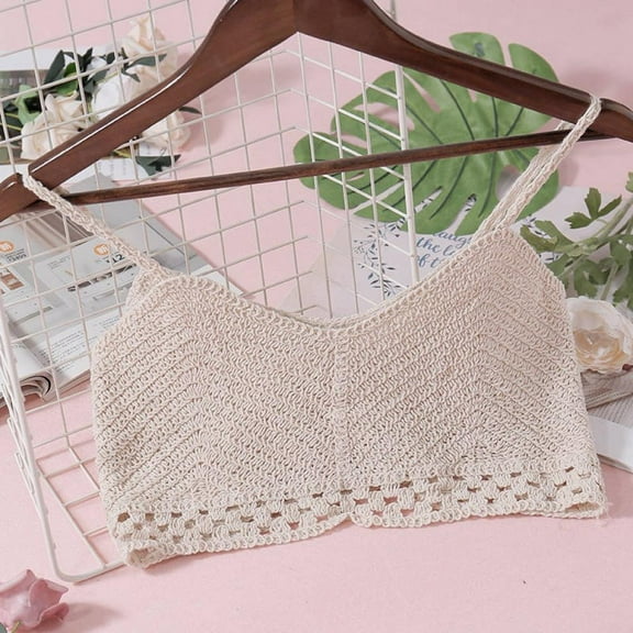 Women's Handmade Sexy Bikini Crochet Crop Tops Camisole ，Knitted Swim Tank Top,One size,Beige