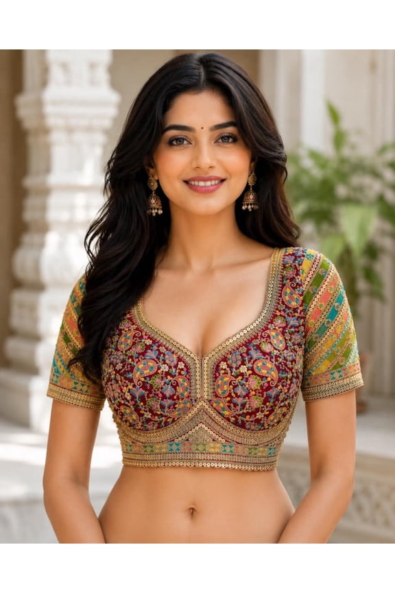 Women's Handmade Silk Saree Blouse Mirror Work Embroidered Readymade Padded Blouse