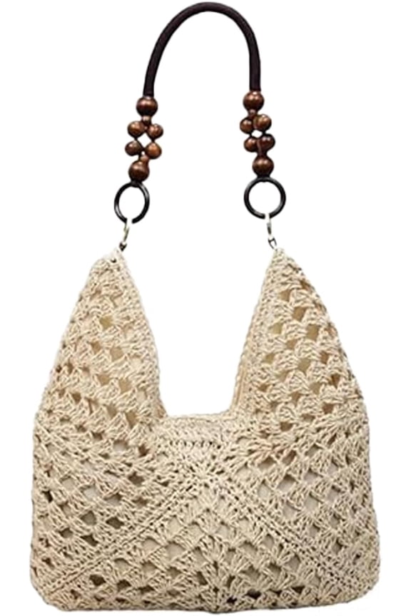 Women's Handmade Woven Straw Shoulder Bag, Beaded Crochet Large Bohemian Tote with Inner Pouch for Summer Beach Vacation