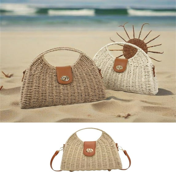 Women's Handwoven Straw Crossbody Bag Rattan Beach Purse with Top Handle Summer Tote Shoulder Bag Vacation Travel Essential Boho Chic Clutch Handbag