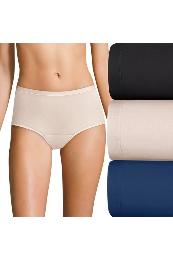Women's Hanes 40FDL3 Comfort Period Light Brief Panty - 3 Pack (Black/Gloss/Navy 7)