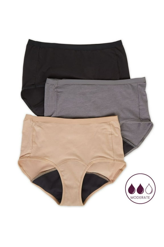 Women's Hanes 40FDM3 Comfort Period Moderate Brief Panty - 3 Pack (Pecan/Grey/Black 9)