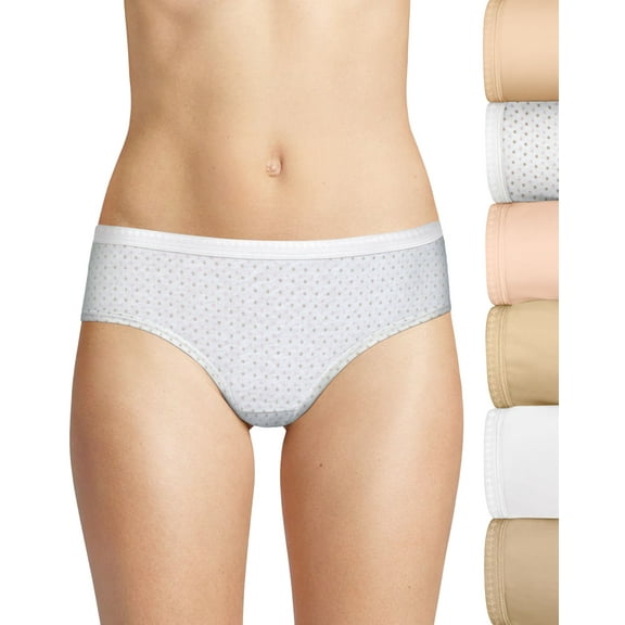 Women's Hanes 41H6CC Cotton Hipster Panty - 6 Pack (TauWhtNudBufHtrFlwr 9)