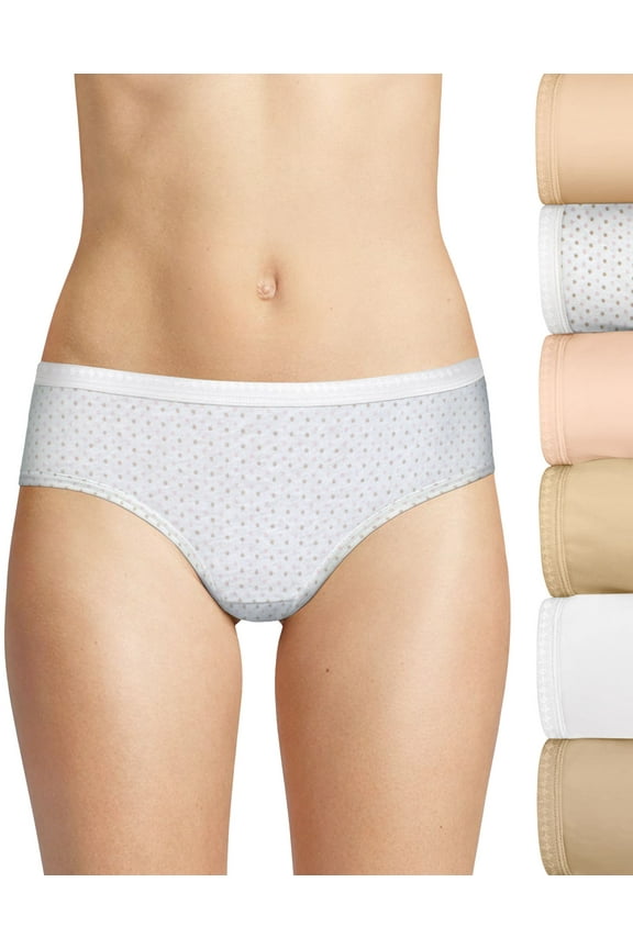 Women's Hanes 41H6CC Cotton Hipster Panty - 6 Pack (TauWhtNudBufHtrFlwr 9)