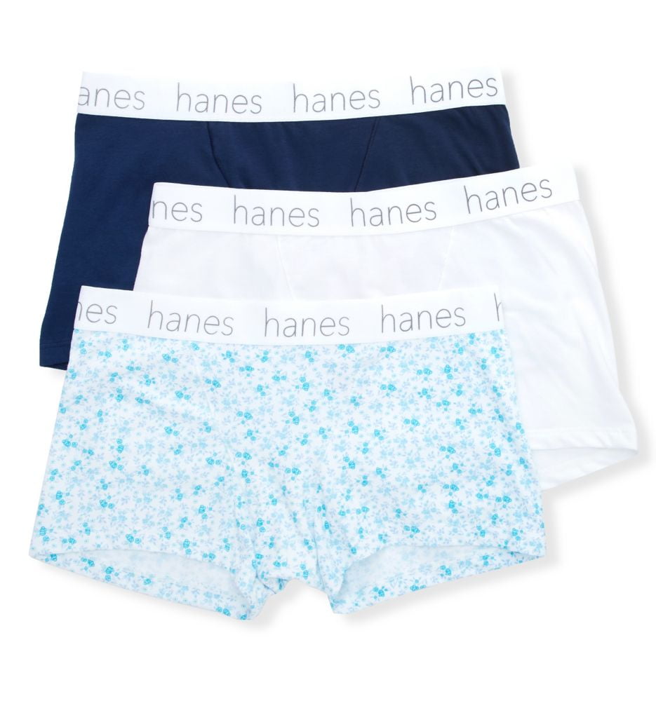 Women's Hanes 45UOBB Cotton Blend Boxer Brief Panty - 3 Pack  (Navy/White/Print M) 