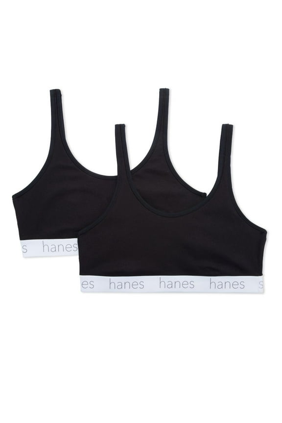 Women's Hanes DHO102 Scoop Stretch Cotton Blend Bralette - 2 pack (Black/Black M)