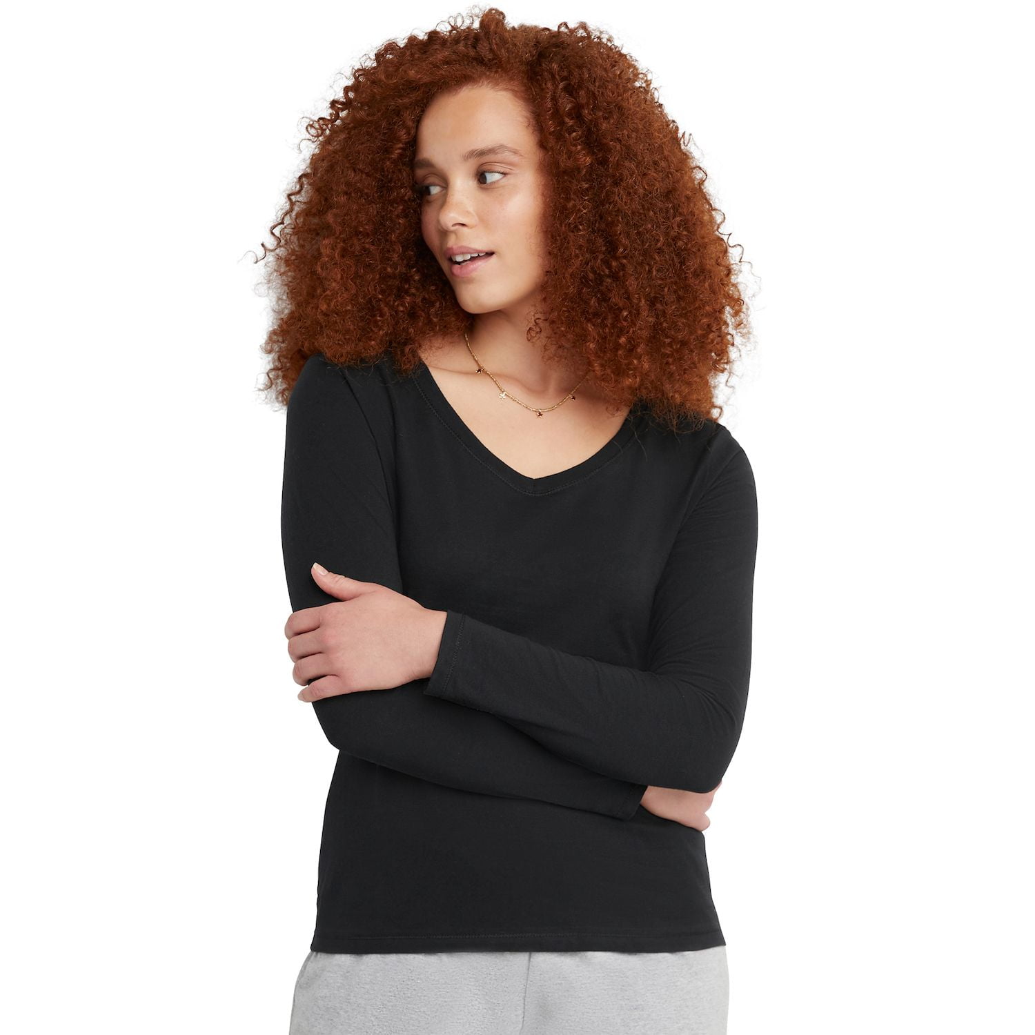 Hanes Womens Long-Sleeve V-Neck T-Shirt, XS, Ebony