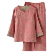 Womens Hanfu Japanese Kimono Pajamas Suit Jacquard Weave Long Sleeve Pajama Set Loungewear Slanting Front Pjs Set