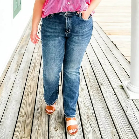 Women's Hanging Dyeing Process Washed Jeans, High Elasticity Slim Fit Stretch Denim Pants, Casual Comfort Trousers for Daily Wear and Slimming Effect, Fashionable Fading Design Long Pants Dark Blue