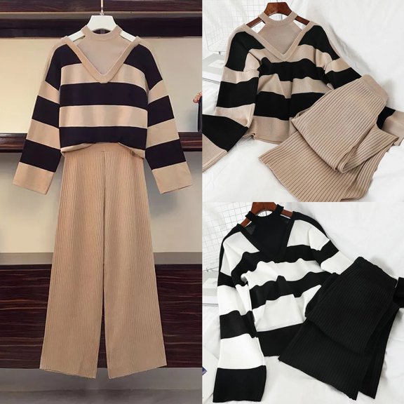 Women's Hanging Neck Style Fake Two-piece Knit Sweater Top High Waisted Wide Leg Pants Two-piece Set, for Winter Fashion and Casual Events,Black,One Size