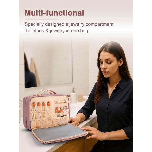 Women's Hanging Toiletry Bag, Waterproof Travel Cosmetic Organizer with Jewelry Storage, Large Capacity Makeup Case for Full-Size Skincare & Bathroom Essentials