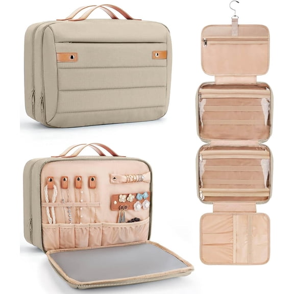 Women's Hanging Toiletry Bag, Waterproof Travel Cosmetic Organizer with Jewelry Storage, Large Capacity Makeup Case for Skincare & Bathroom Essentials, Portable Cosmetic Kit, Khaki