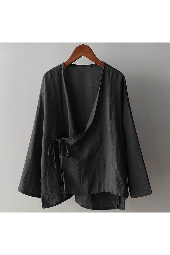 Women's Hanten Kimono Cardigan Long Sleeve Wrap Front Cotton Linen Retro Hanfu Costume Irregular Shirt Tops Black XL