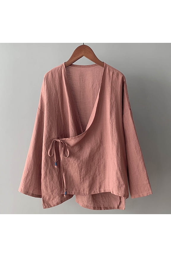 Women's Hanten Kimono Cardigan Long Sleeve Wrap Front Cotton Linen Retro Hanfu Costume Irregular Shirt Tops Orange L