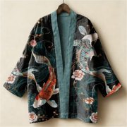 Women's Haori Kimono Shrug, Cotton Printed Open Front Short Cardigan, Oriental Art Casual 3/4 Sleeve Outerwear