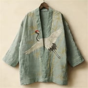 Womens Haori Kimono Shrug, Cotton Printed Open Front Short Cardigan, Oriental Art Casual 3/4 Sleeve Outerwear