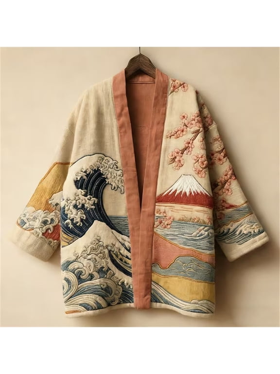 Women's Haori Kimono Shrug, Cotton Printed Open Front Short Cardigan, Oriental Art Casual 3/4 Sleeve Outerwear